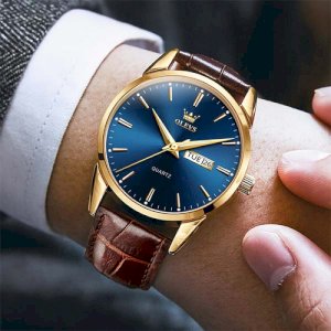 OLEVS Mens Watches Top Brand Luxury Quartz Casual Business Leather-(Brown Blue)_1864