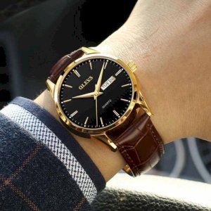 OLEVS Mens Watches Top Brand Luxury Quartz Casual Business Leather-(Brown Black)_1862