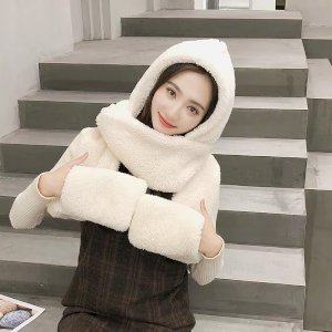 Winter Cute Bear Ear Hat Plush Balaclava with Ears Warm Scarf Gloves Set Hat For Women Girl Fleece Beanies Caps Bonnet Femme