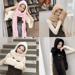 Winter Cute Bear Ear Hat Plush Balaclava with Ears Warm Scarf Gloves Set Hat For Women Girl Fleece Beanies Caps Bonnet Femme
