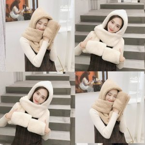 Winter Balaclava with Ears Warm Scarf Gloves Set Hat For Women